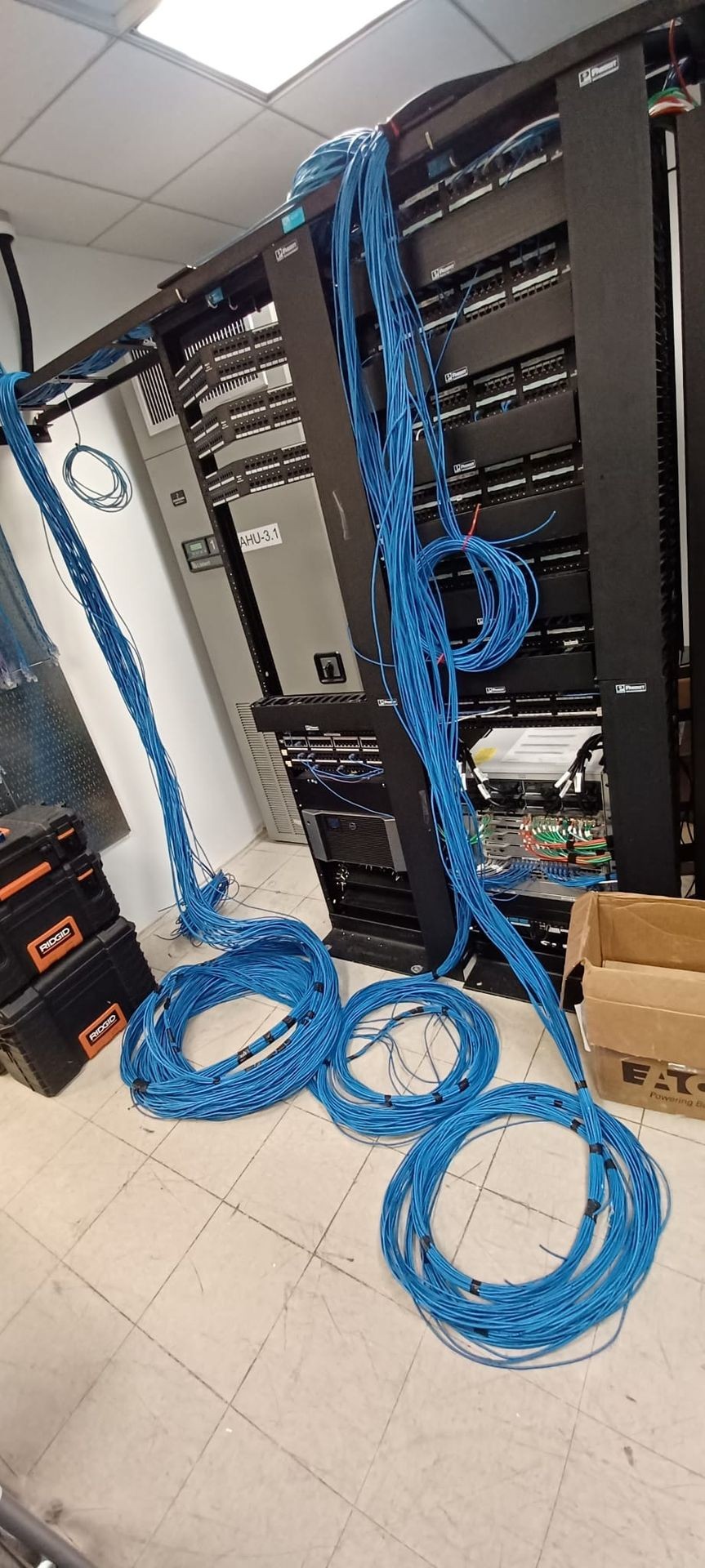 Server rack with organized blue network cables coiled on the floor in a server room.